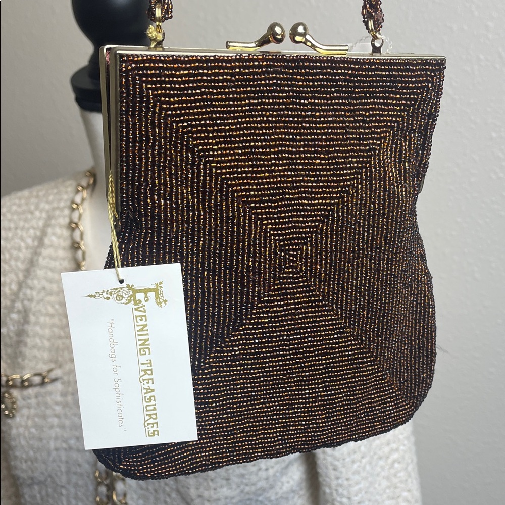 NWT copper seed bead kiss lock Beaded Evening Bag